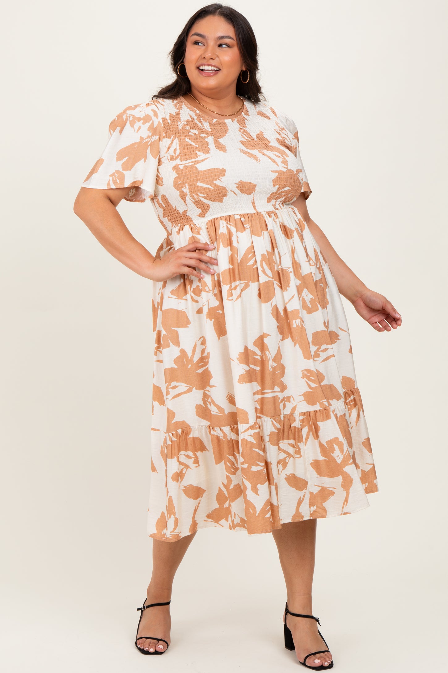 Cream Floral Smocked Short Sleeve Plus Midi Dress