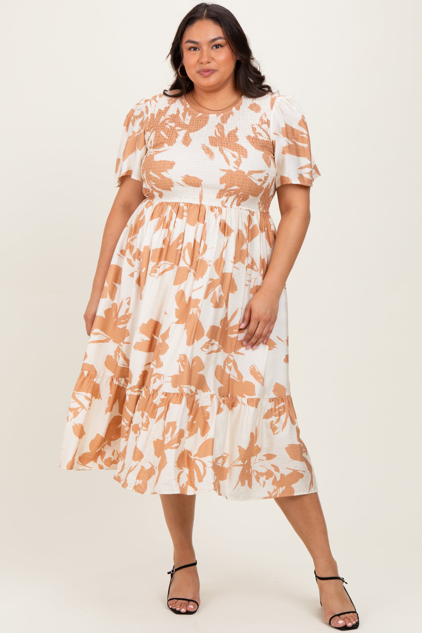 Cream Floral Smocked Short Sleeve Maternity Plus Midi Dress