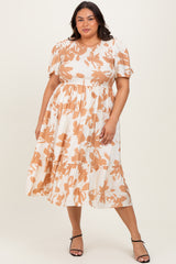 Cream Floral Smocked Short Sleeve Maternity Plus Midi Dress