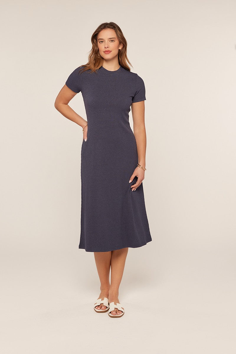 Navy Basic Ribbed Knit Midi Dress