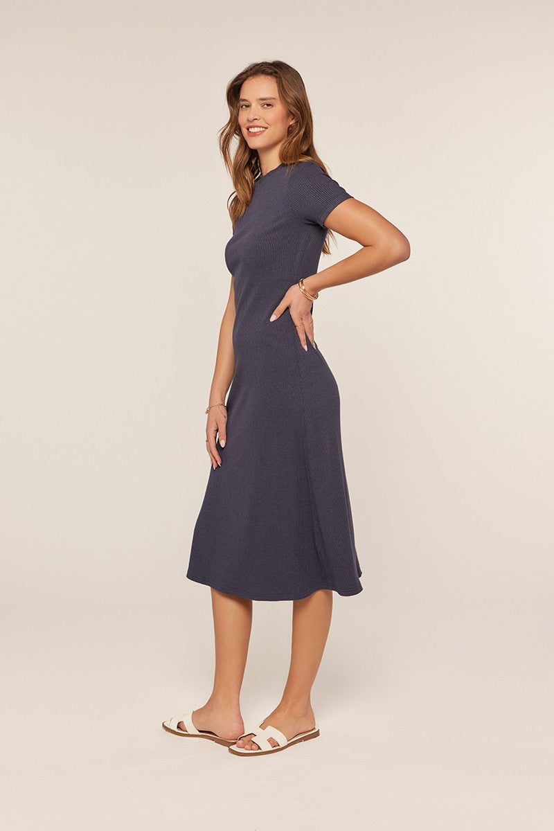 Navy Basic Ribbed Knit Midi Dress