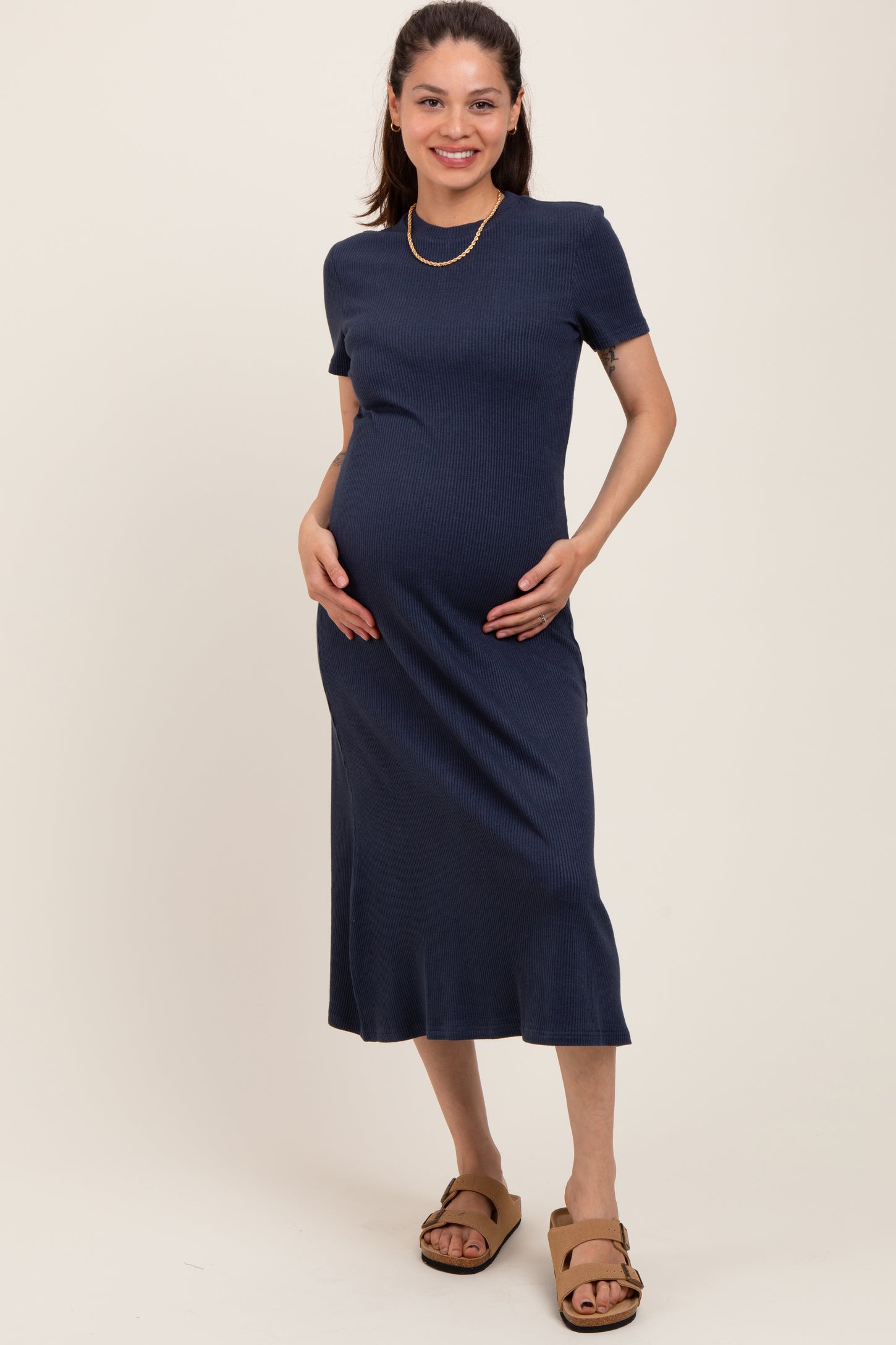 Navy Basic Ribbed Knit Maternity Midi Dress
