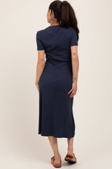 Navy Basic Ribbed Knit Maternity Midi Dress
