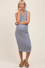Navy Striped V-Neck Button Up Sleeveless Maternity Midi Dress