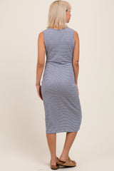 Navy Striped V-Neck Button Up Sleeveless Maternity Midi Dress