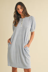 Blue Striped Textured Knit Button Up Dress