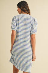 Blue Striped Textured Knit Button Up Dress