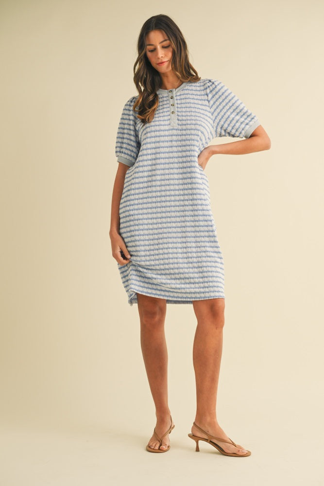 Blue Striped Textured Knit Button Up Dress