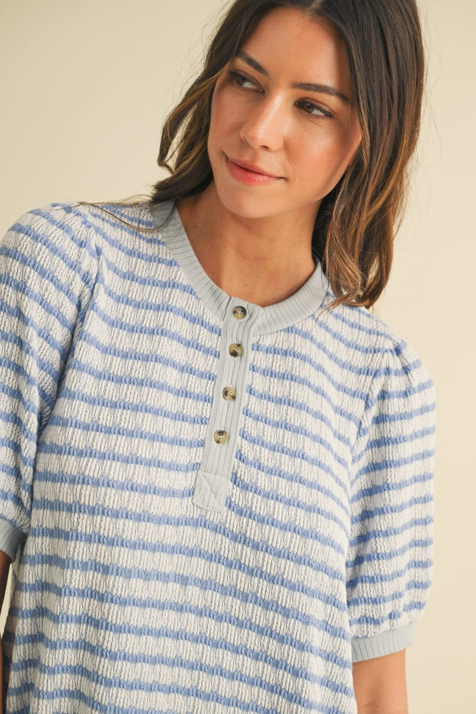 Blue Striped Textured Knit Button Up Dress