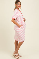 Light Pink Striped Textured Knit Button Up Maternity Dress