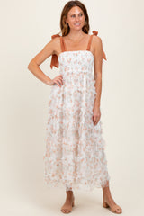 Rust Floral Smocked Shoulder Tie Ruffled Maternity Midi Dress