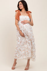 Rust Floral Smocked Shoulder Tie Ruffled Maternity Midi Dress