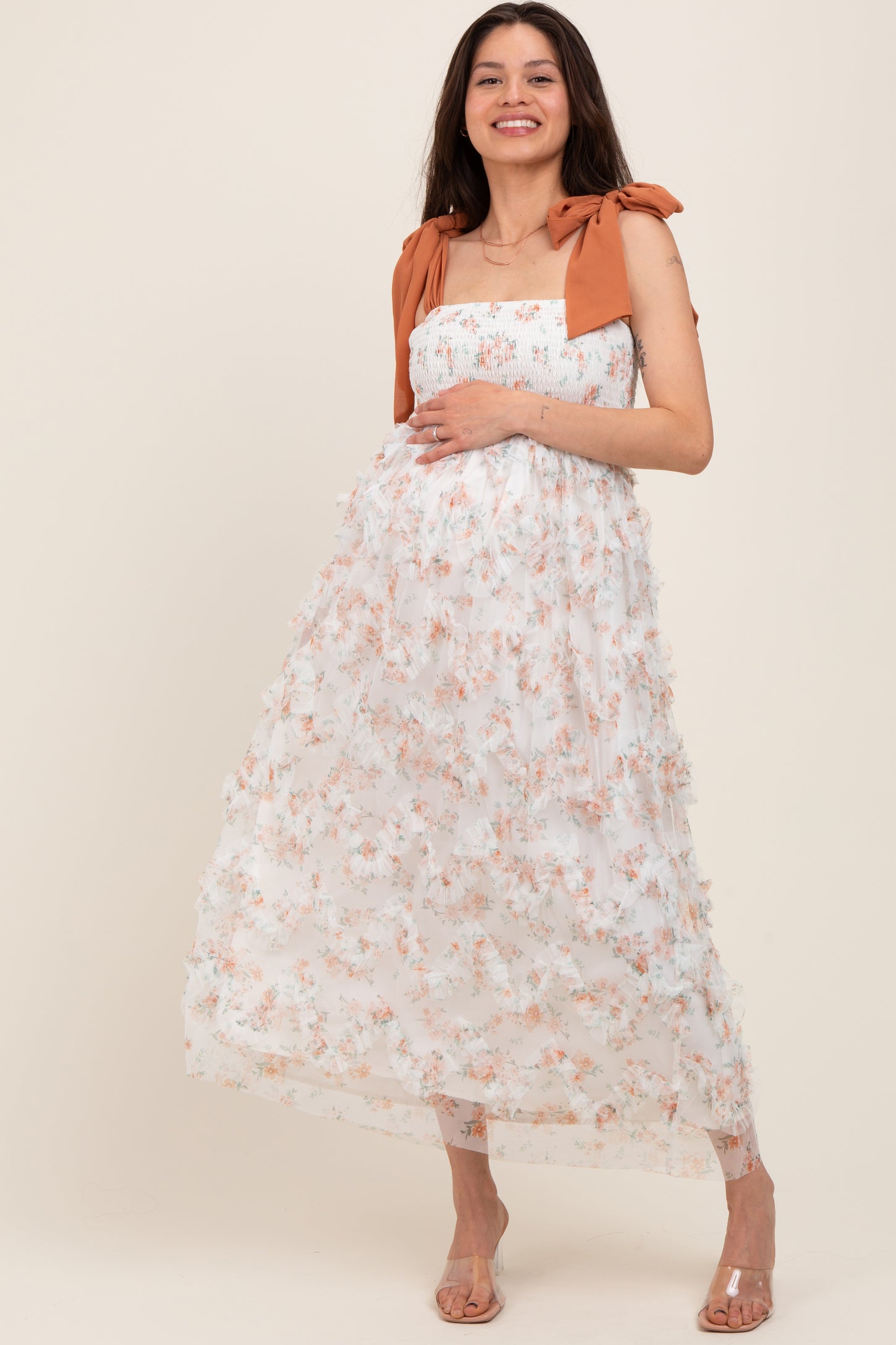 Rust Floral Smocked Shoulder Tie Ruffled Maternity Midi Dress