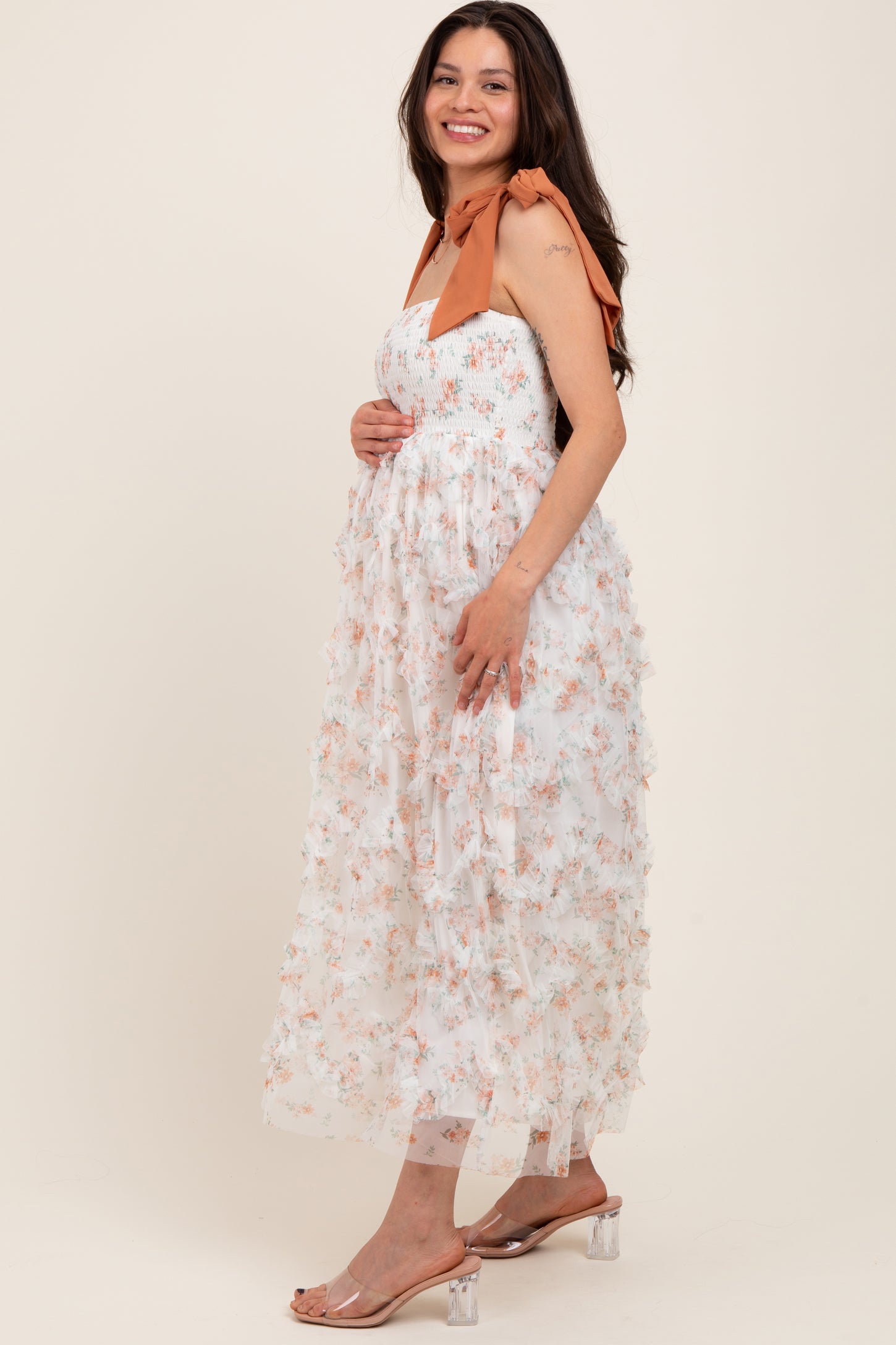 Rust Floral Smocked Shoulder Tie Ruffled Maternity Midi Dress
