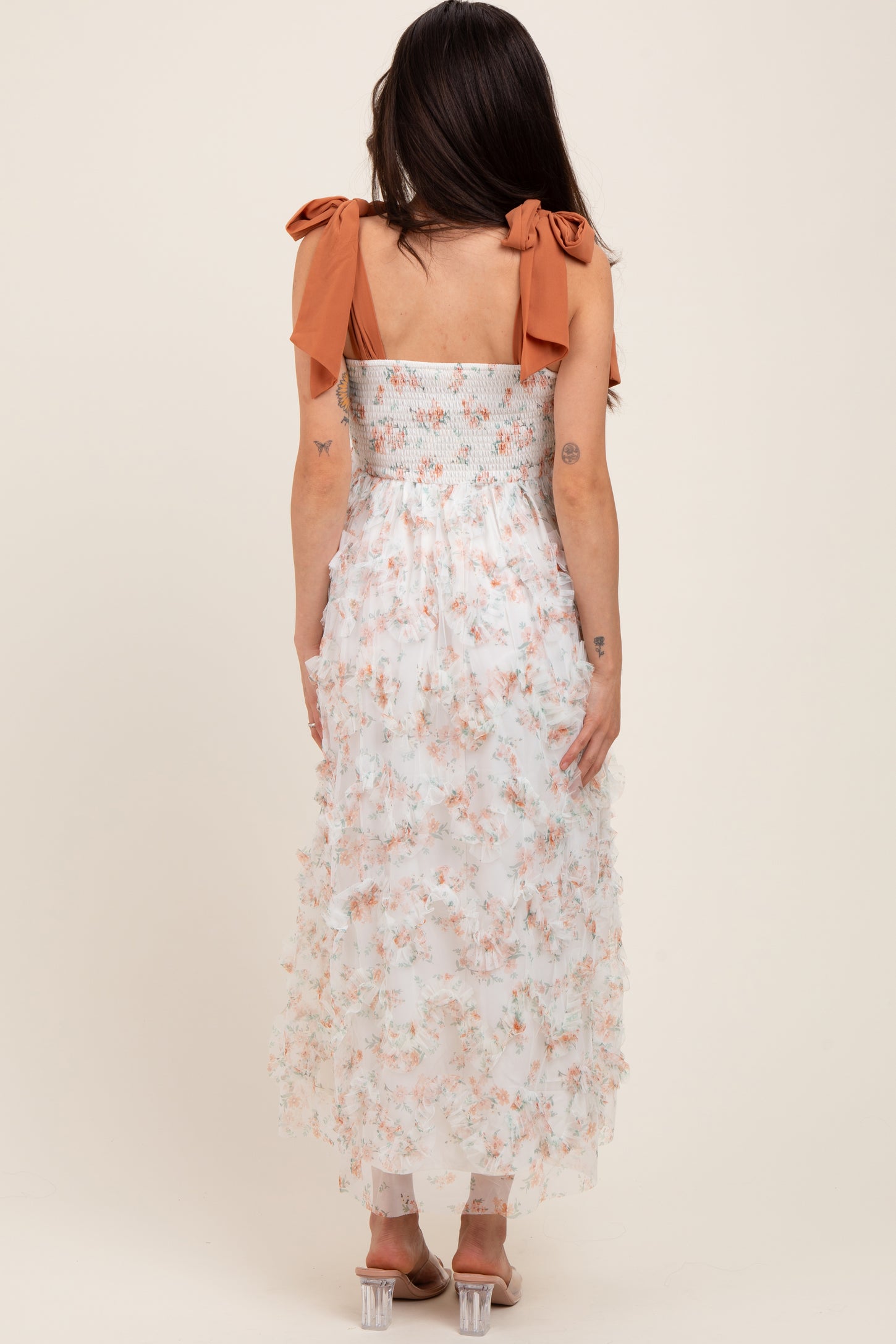 Rust Floral Smocked Shoulder Tie Ruffled Maternity Midi Dress