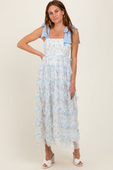 Light Blue Floral Smocked Shoulder Tie Ruffled Midi Dress