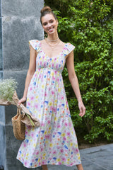 Multi Color Floral Smocked Back Bow Maxi Dress