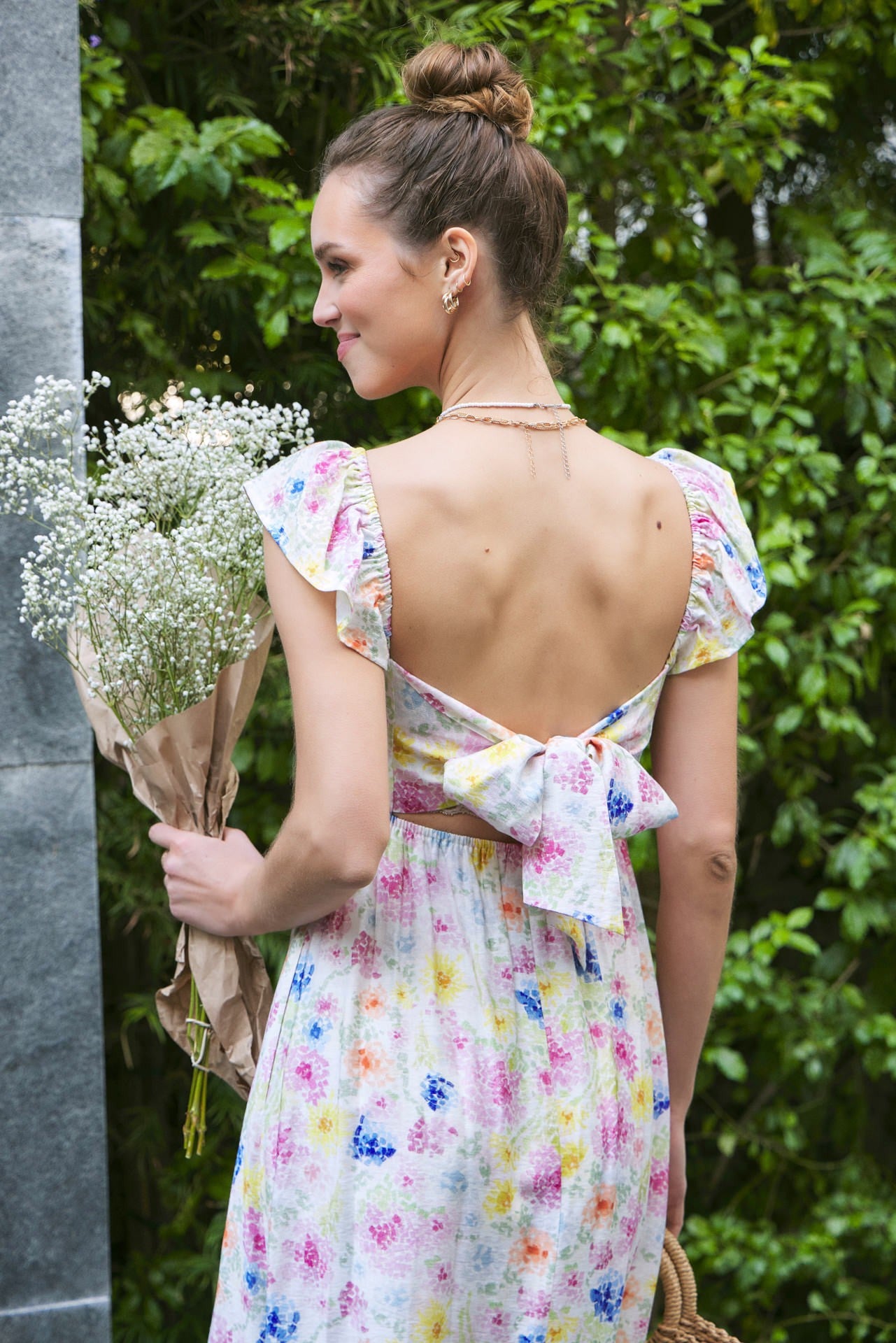 Multi Color Floral Smocked Back Bow Maxi Dress