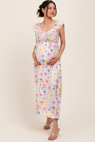 Multi Color Floral Smocked Back Bow Maternity Maxi Dress