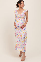 Multi Color Floral Smocked Back Bow Maternity Maxi Dress