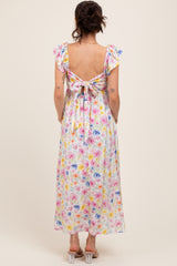 Multi Color Floral Smocked Back Bow Maternity Maxi Dress