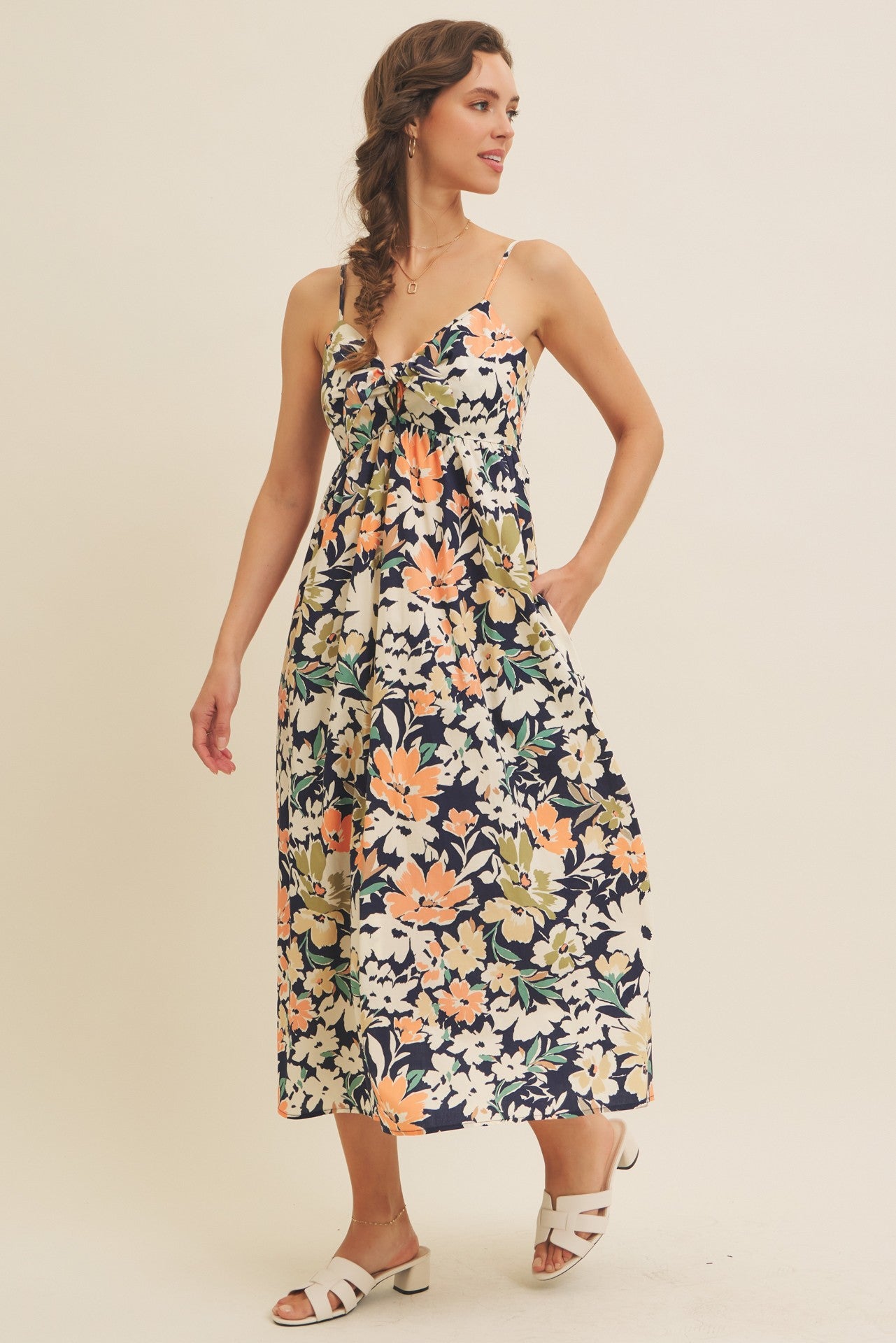 Navy Multi Floral Front Tie Sleeveless Midi Dress