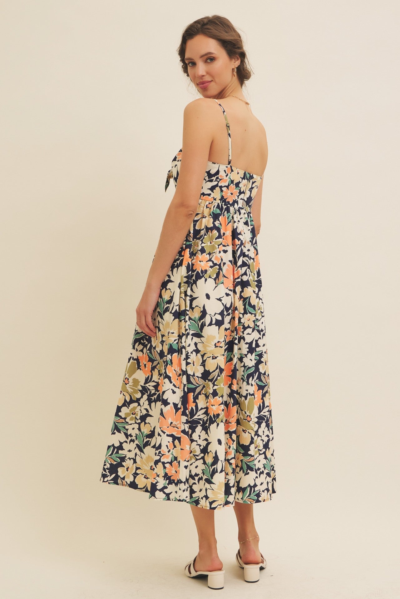 Navy Multi Floral Front Tie Sleeveless Midi Dress