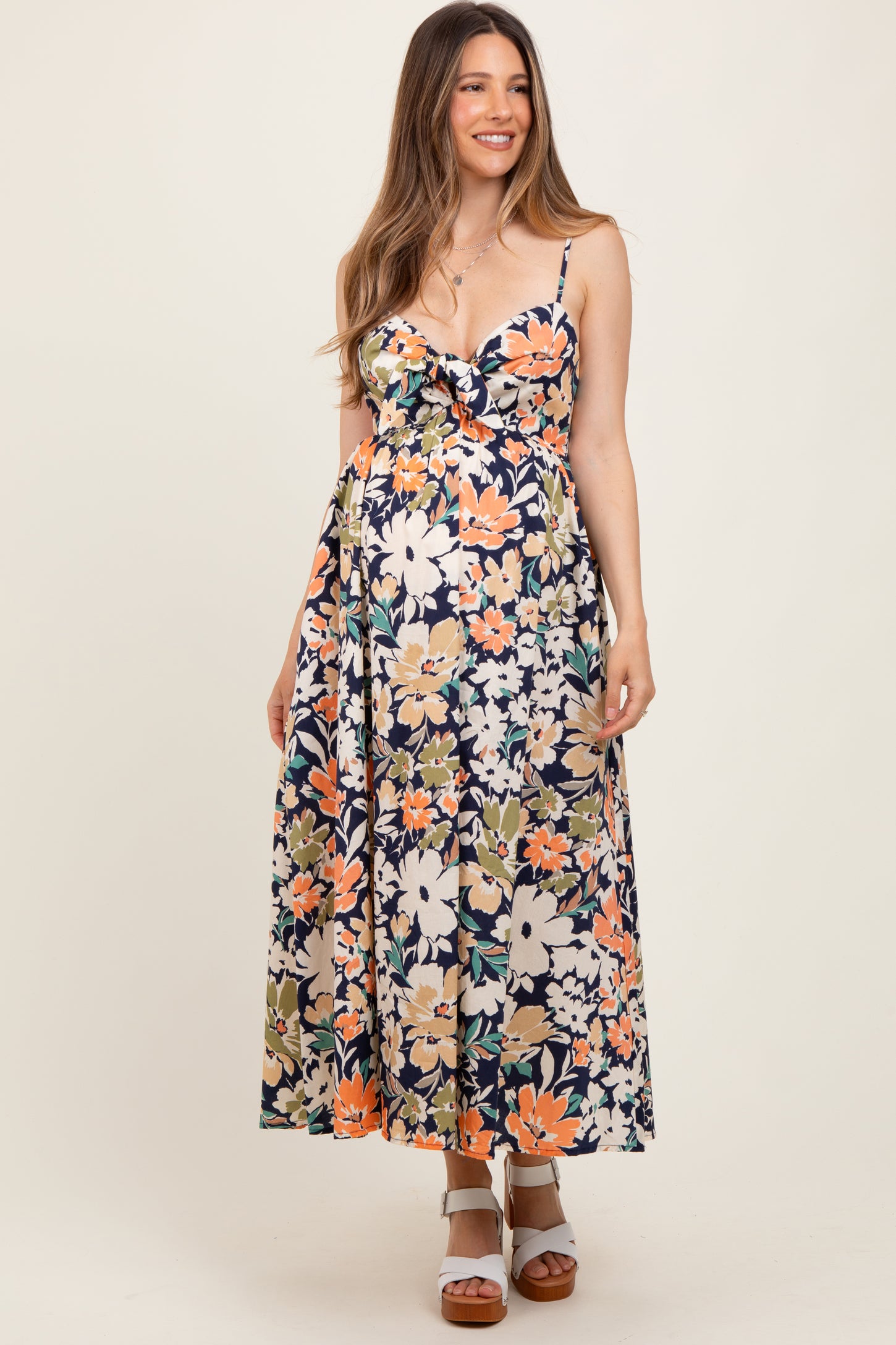 Navy Multi Floral Front Tie Sleeveless Maternity Midi Dress