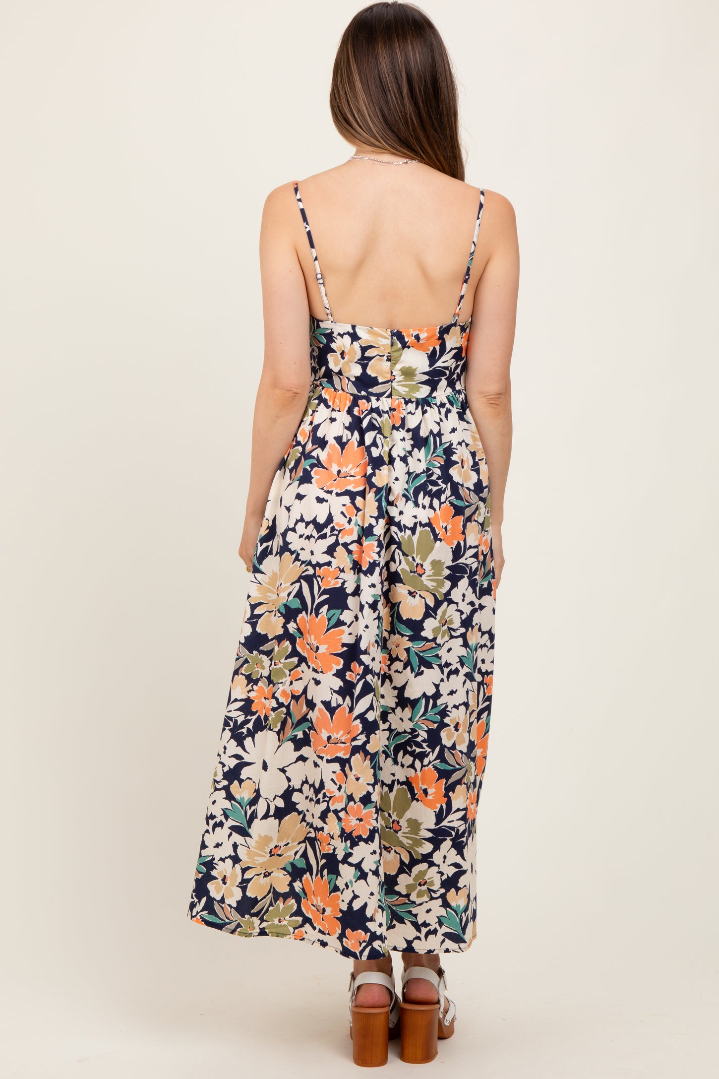 Navy Multi Floral Front Tie Sleeveless Maternity Midi Dress