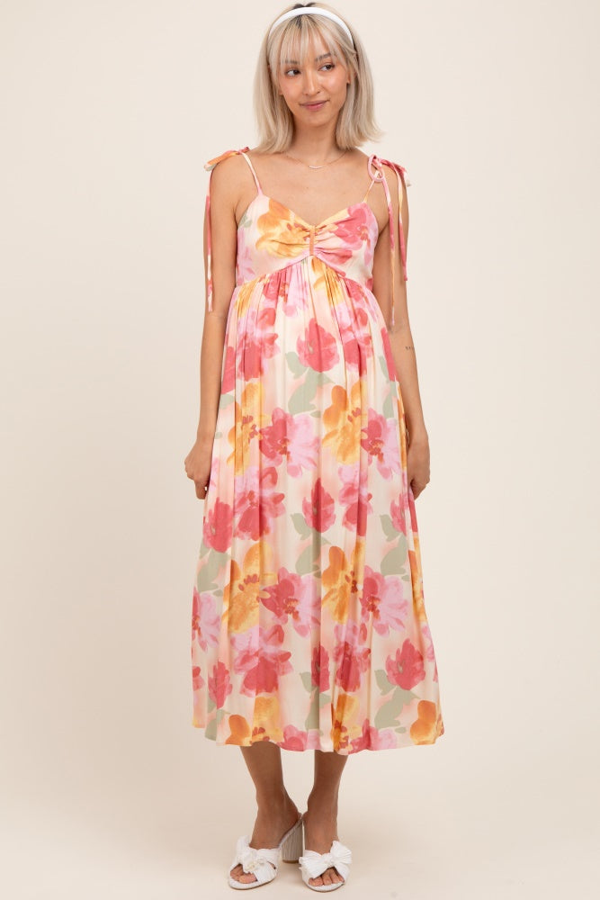 Coral Multi Floral Print Ruched Shoulder Tie Maternity Midi Dress