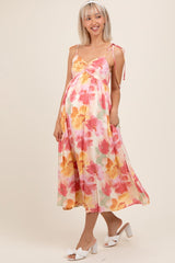 Coral Multi Floral Print Ruched Shoulder Tie Maternity Midi Dress