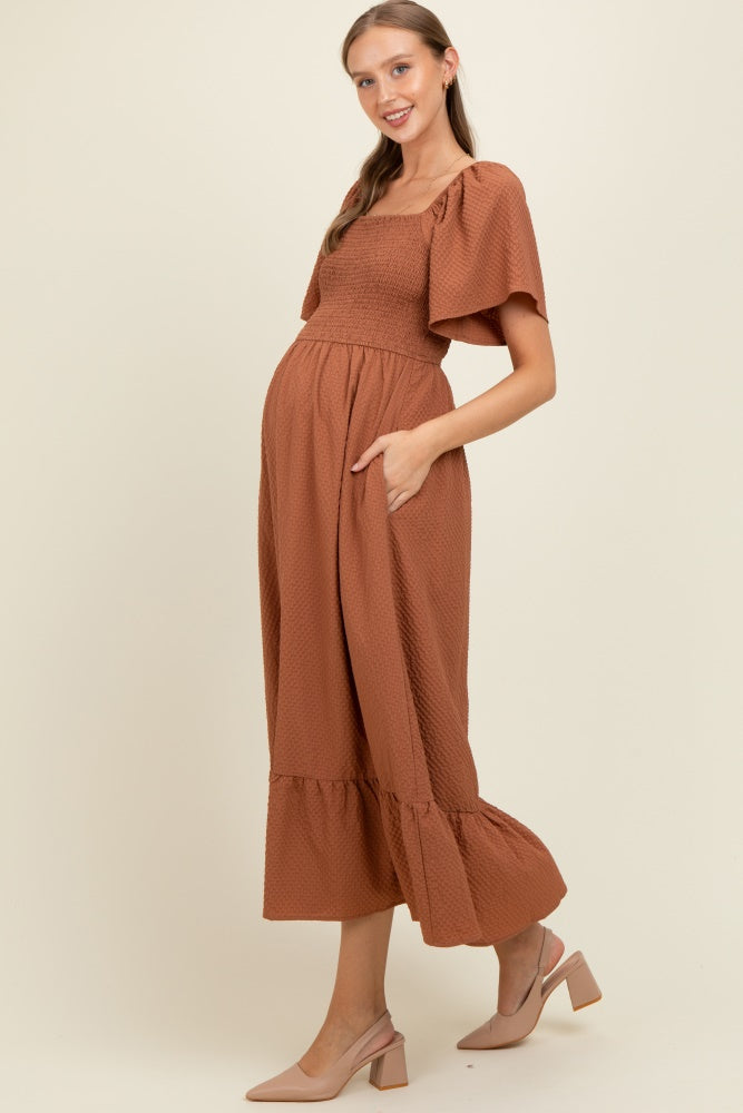 Camel Convertible Stretchy Smocked Maternity Maxi Dress