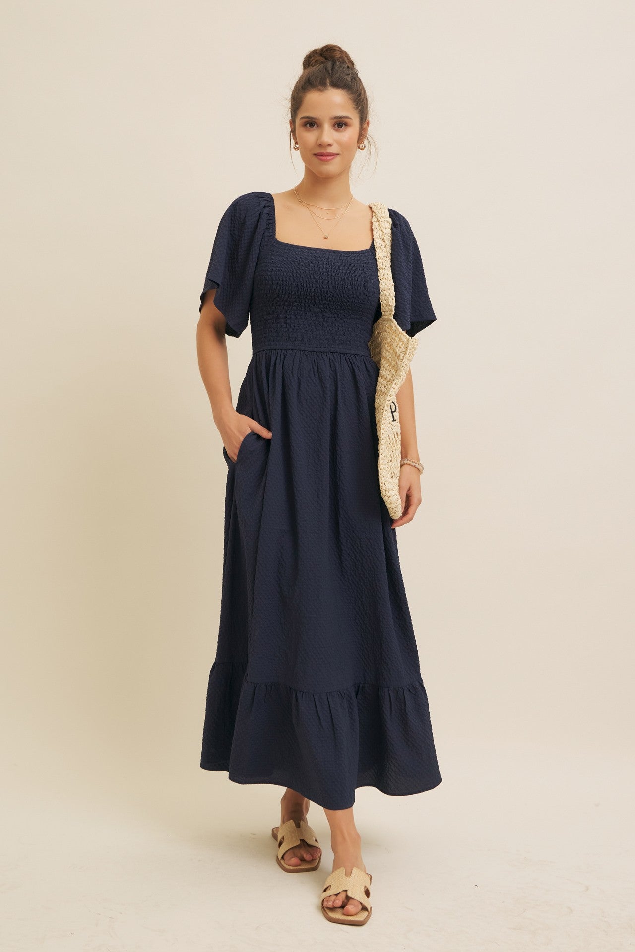 Navy Convertible Stretchy Smocked Maxi Dress