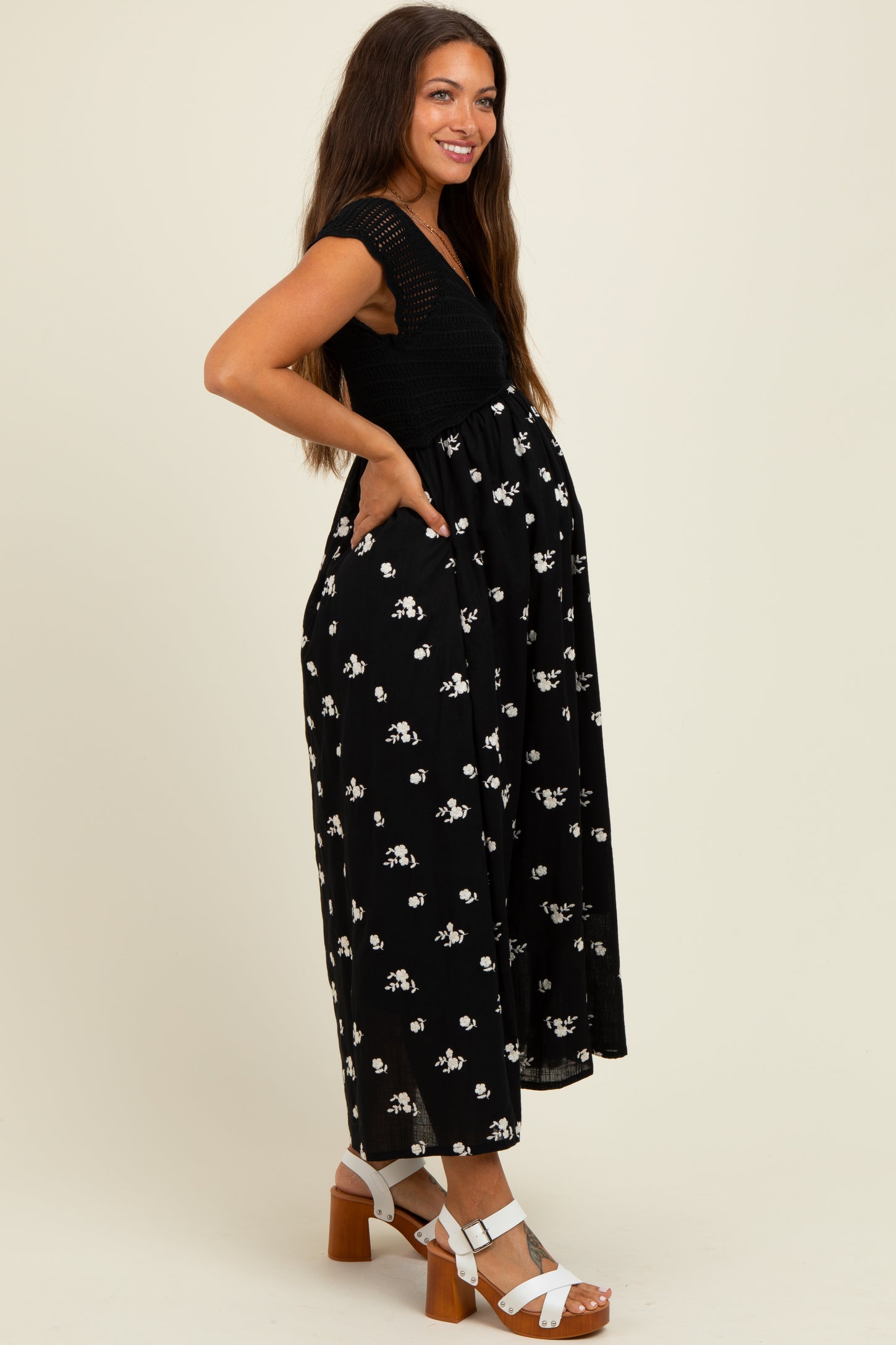 Black Crochet Sweater Floral Embroidery Maternity Midi Dress