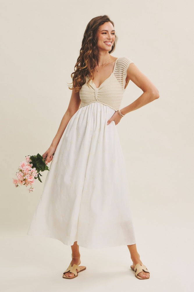 Ivory Crochet Sweater Floral Embroidery Midi Dress