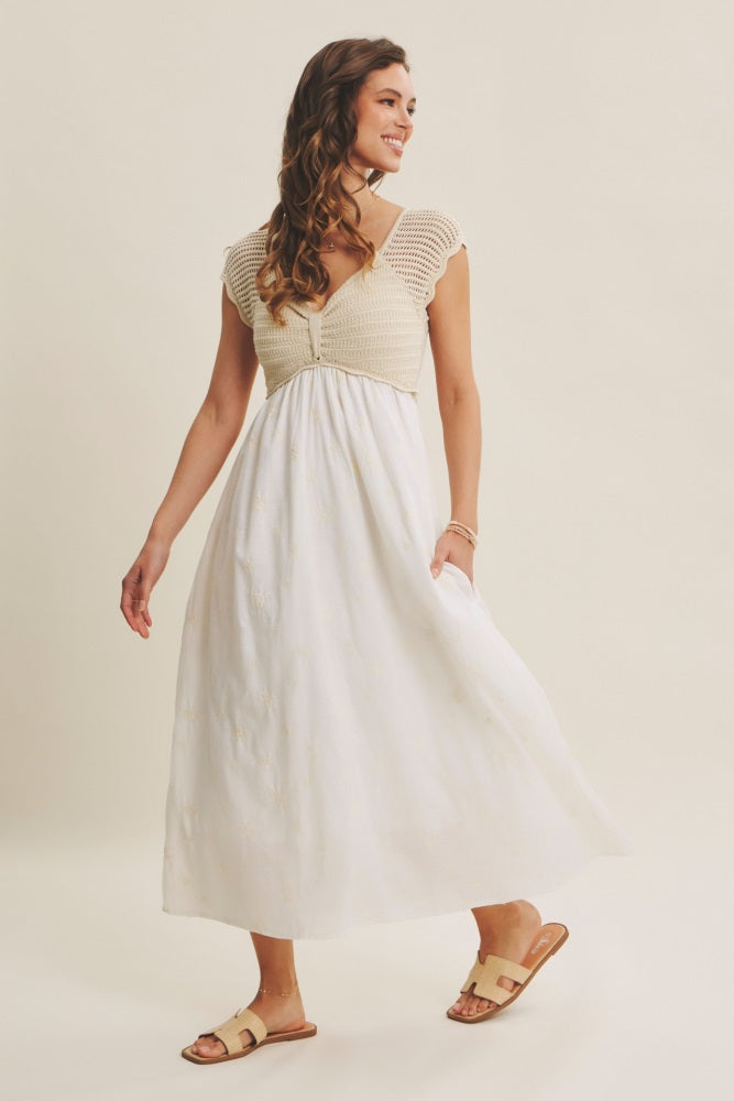 Ivory Crochet Sweater Floral Embroidery Midi Dress