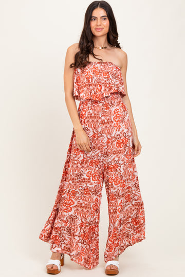 Rust Floral Strapless Ruffle Wide Leg Jumpsuit