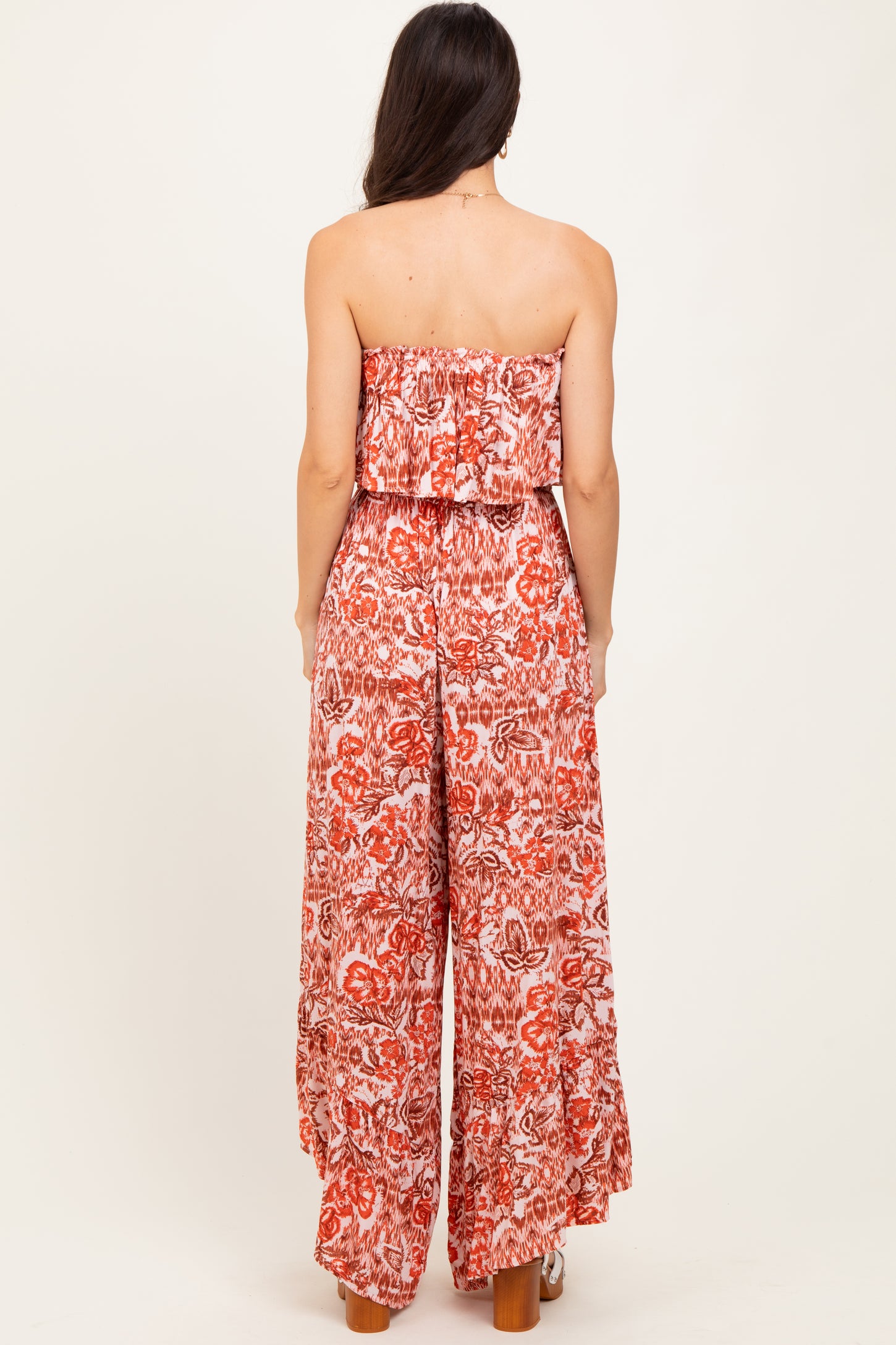 Rust Floral Strapless Ruffle Wide Leg Jumpsuit