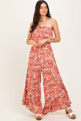 Rust Floral Strapless Ruffle Wide Leg Maternity Jumpsuit