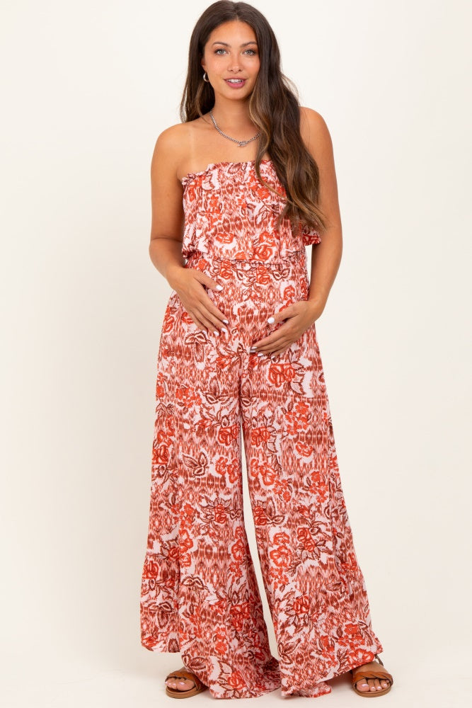Rust Floral Strapless Ruffle Wide Leg Maternity Jumpsuit
