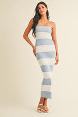 Light Blue Ivory Striped Back Lace Up Bodycon Maxi Dress