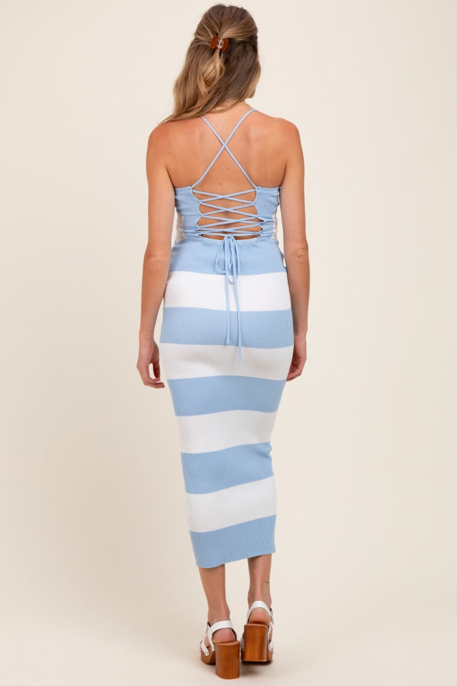 Light Blue Ivory Striped Back Lace Up Bodycon Maternity Maxi Dress