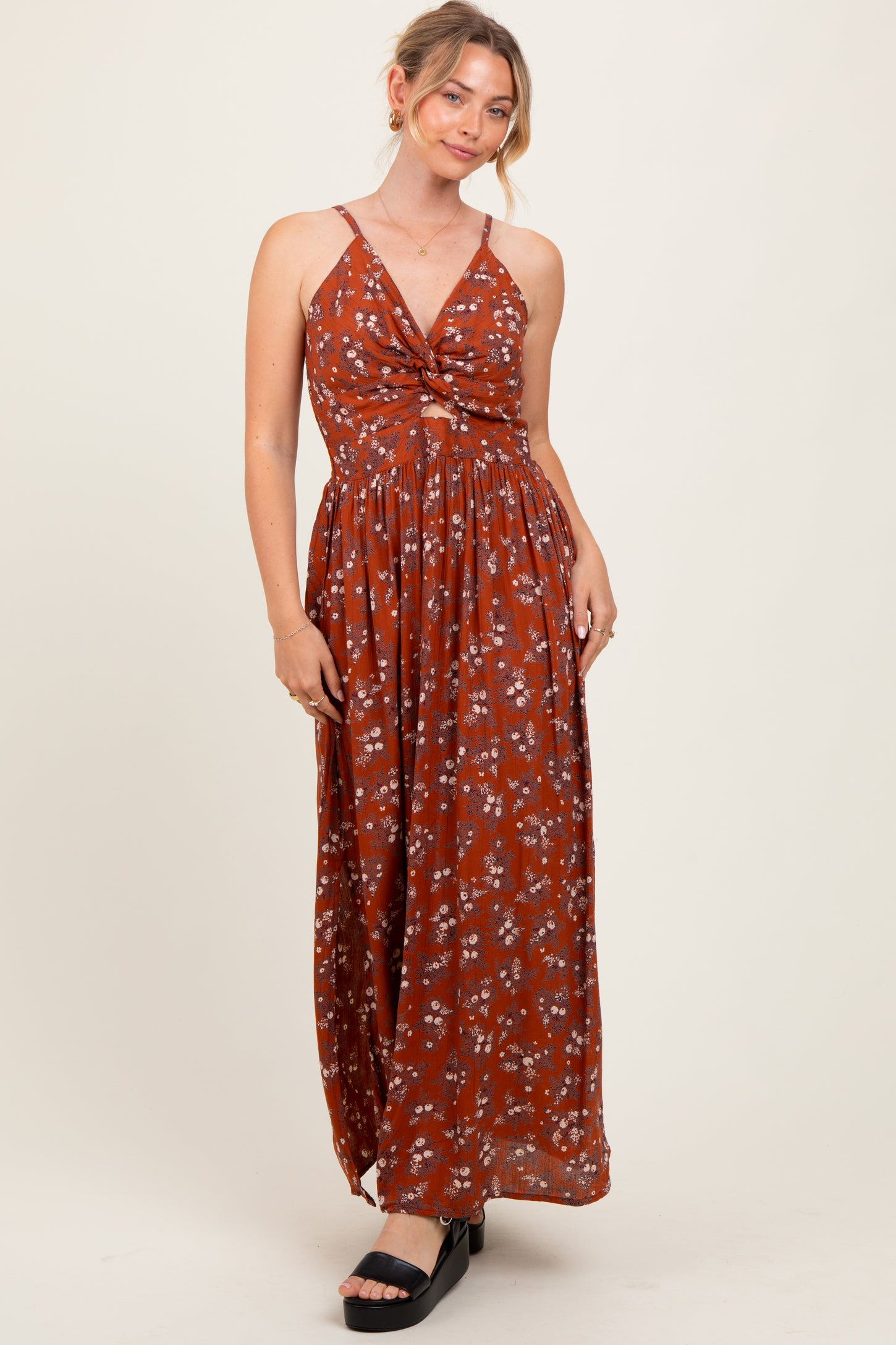 Rust Floral Twist Front Cutout Maxi Dress