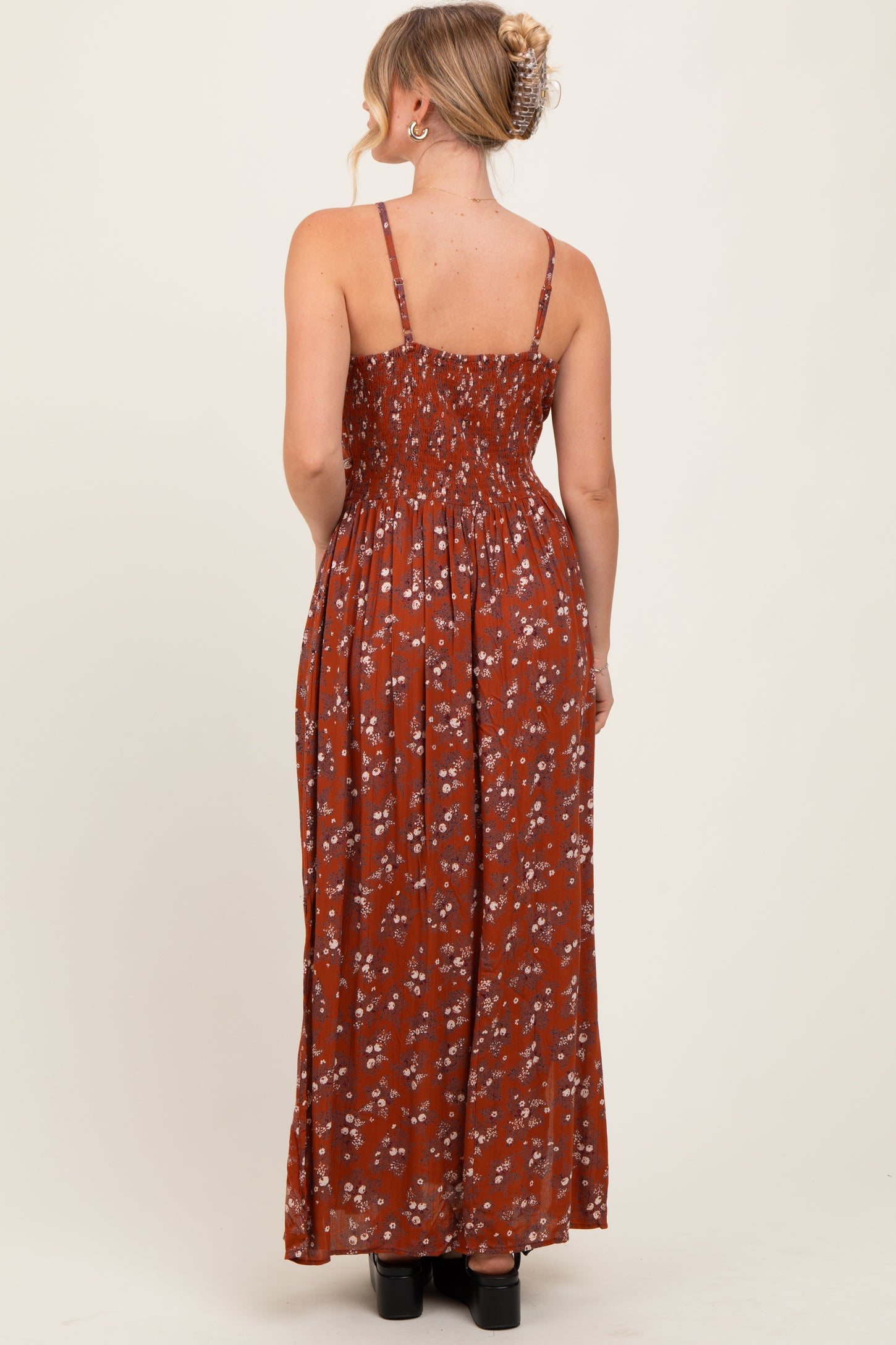 Rust Floral Twist Front Cutout Maxi Dress