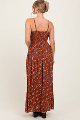 Rust Floral Twist Front Cutout Maxi Dress