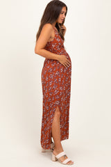 Rust Floral Twist Front Cutout Maternity Maxi Dress
