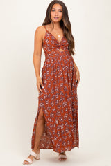 Rust Floral Twist Front Cutout Maternity Maxi Dress