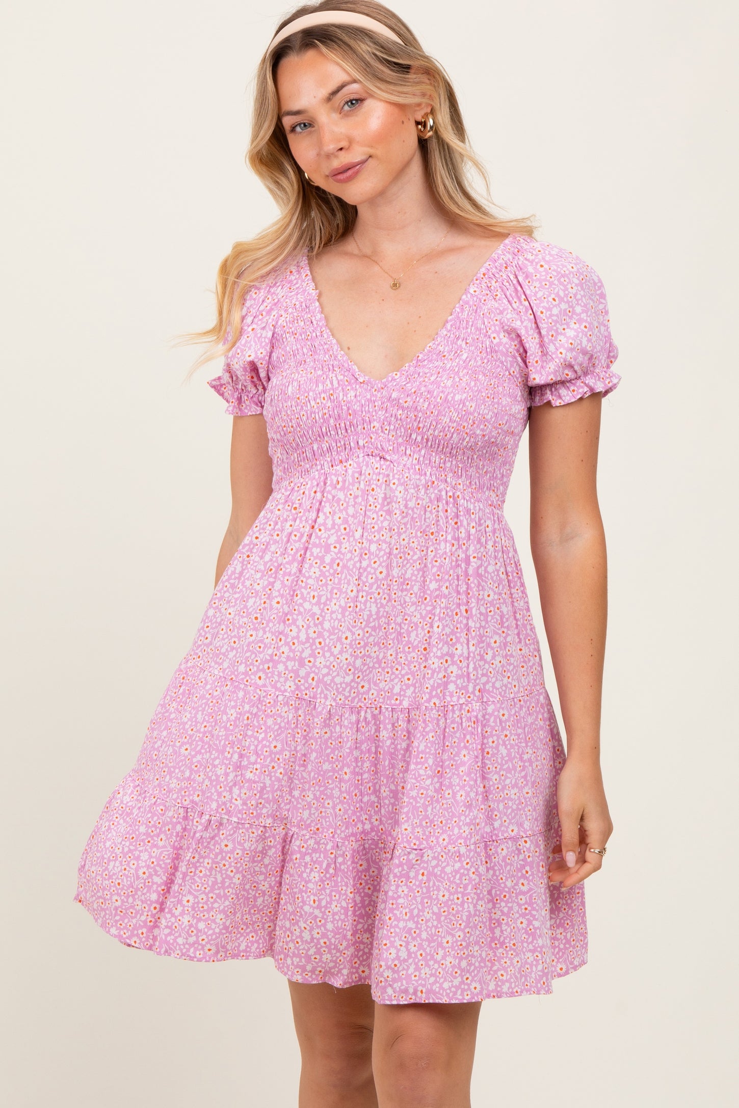 Light Pink Floral Smocked V-Neck Flutter Sleeve Dress