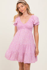 Light Pink Floral Smocked V-Neck Flutter Sleeve Dress