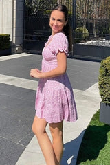 Light Pink Floral Smocked V-Neck Flutter Sleeve Dress